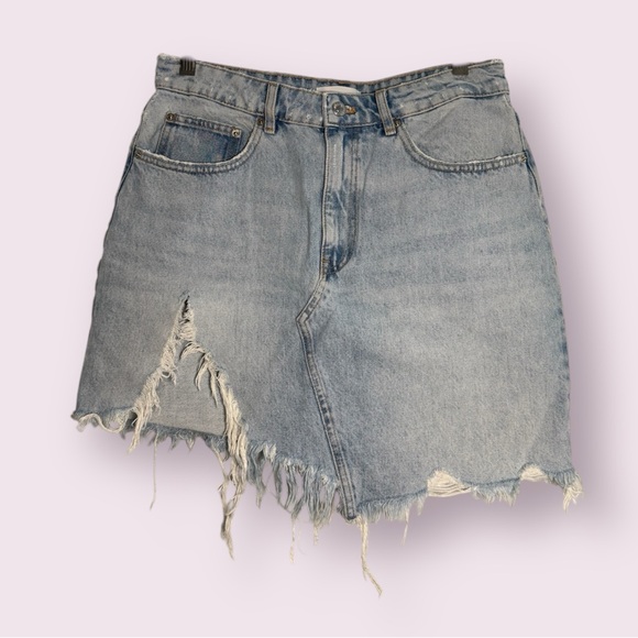 Zara Dresses & Skirts - Zara Light Wash Denim Distressed Asymmetrical Mini Skirt Size Large